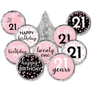 pink and black adult 21st birthday chocolate kisses party favor sticker label for women table decoration centerpiece