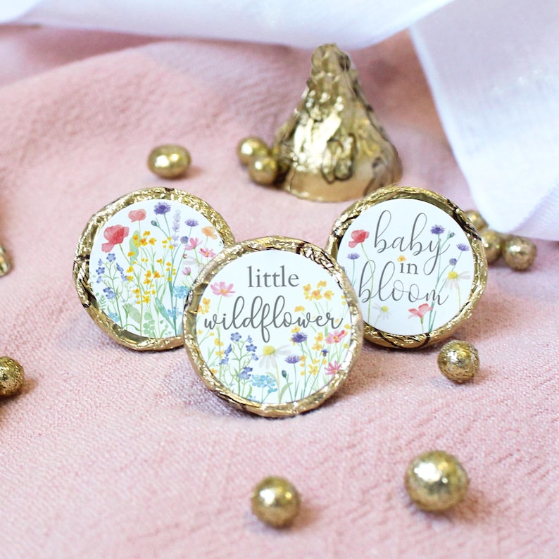 3 coordinating wildflower designs shown on sheet of 180 round stickers, boho baby shower labels