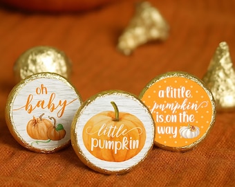 Little Pumpkin Baby Shower Chocolate Kisses Candy Favor Stickers, Fall Orange Pumpkin Baby Shower Labels Thanksgiving Baby Shower, 180ct