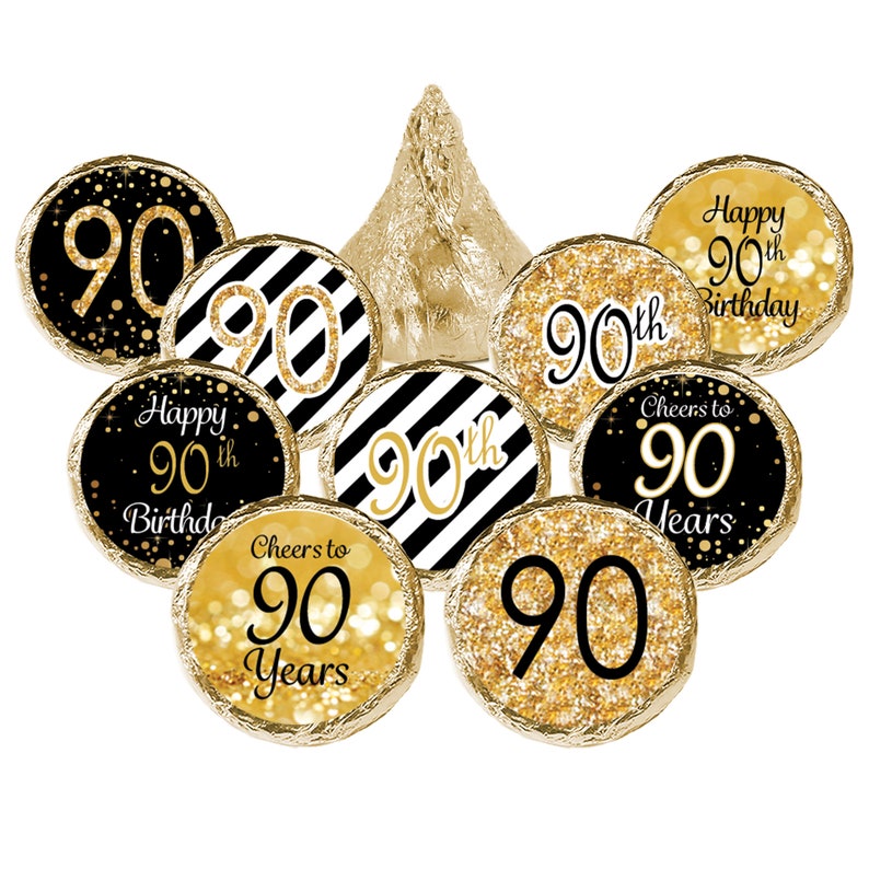 90th Birthday Decorations Black and Gold 90th Birthday Party Favors for Him or Her Label Stickers for Chocolate Kisses 180 Stickers image 2