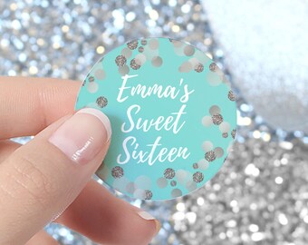 Personalized Teal Blue & Silver Sweet Sixteen Birthday Stickers for Large Candy | Sweet 16 Party Bag Favor Labels, Envelope Seals -40 Labels