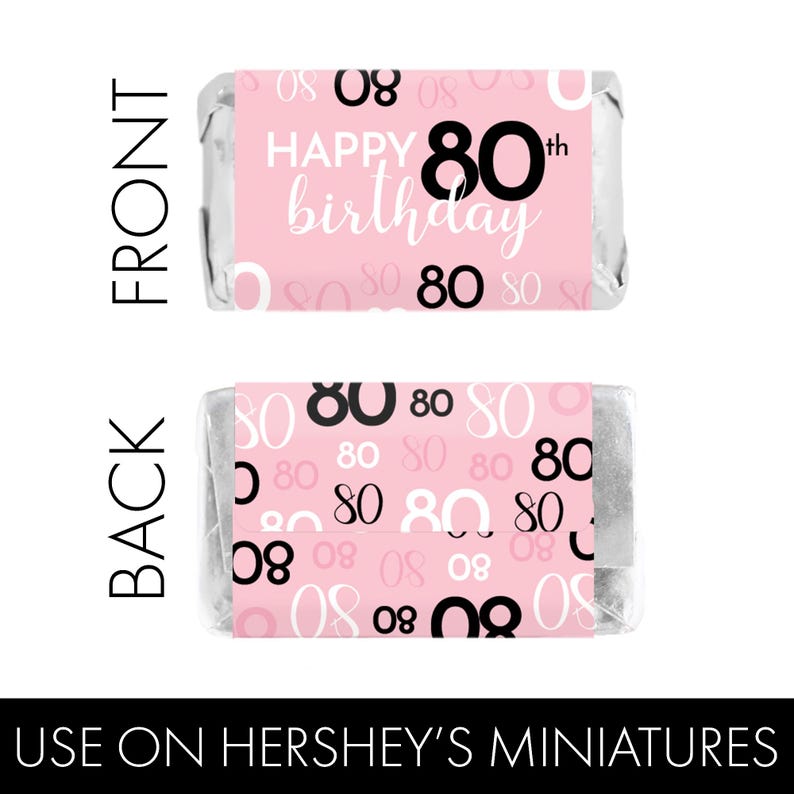 80th Birthday Party Favor Stickers - Pink and Black Mini Candy Bar ...