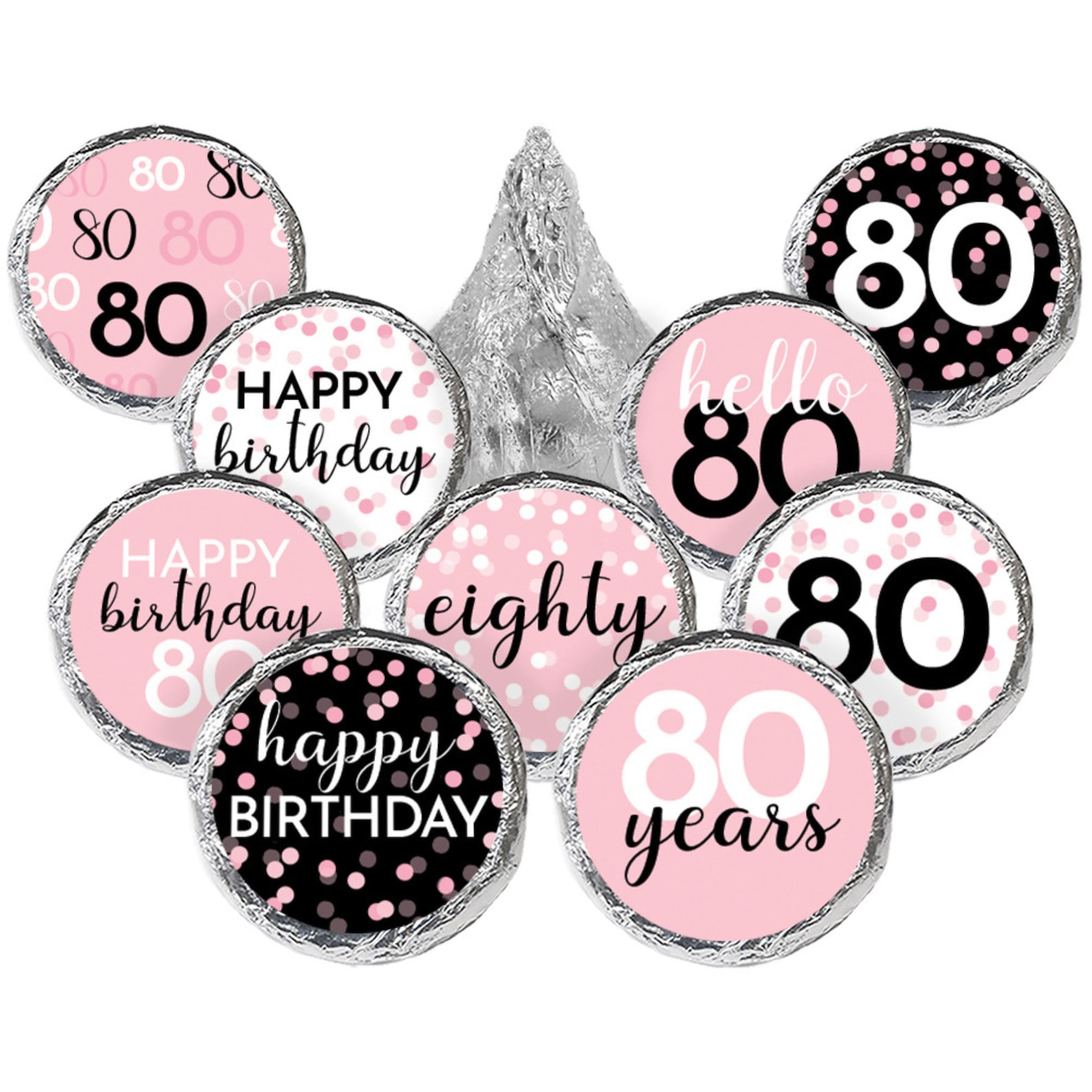Pink 80th Birthday Party Favor Stickers for Chocolate Kisses, Happy ...