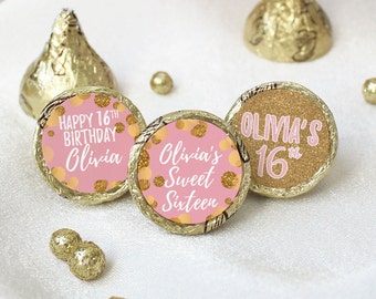 Personalized Pink and Gold Sweet Sixteen Birthday Party Favor Stickers - Custom Pink Sweet 16 Birthday Labels for Chocolate Kisses - 180ct