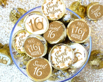 Sweet 16 Birthday Party Favors Stickers Fit on Chocolate Kisses White and Gold | 16th Birthday Decor Sixteenth Candy Label Envelope Seals