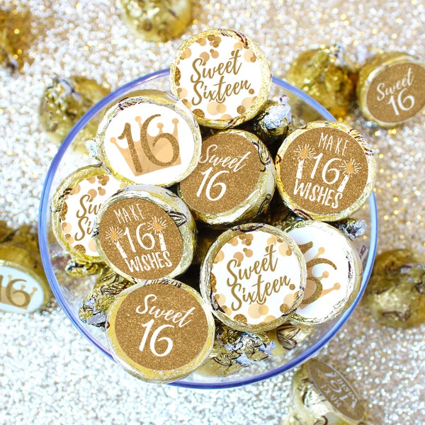 Sweet 16 Birthday Party Favors Stickers Fit on Chocolate Kisses White and Gold | 16th Birthday Decor Sixteenth Candy Label Envelope Seals