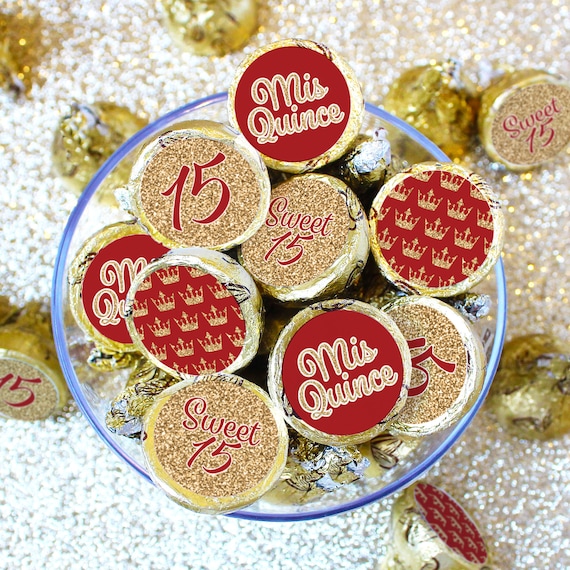 Quinceañera Chocolate Stickers, Red and Gold Party Favors (180 Ct)