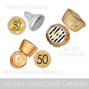 50th birthday decorations black and gold hersheys chocolate kisses reeses cup minis rolo chewy caramels party sticker labels for him or her