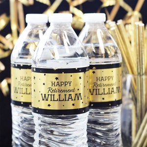 Personalized Black and Gold Retirement Water Bottle Label Stickers | Customize Waterproof Wrapper | Party Favor Decor - 24 Labels