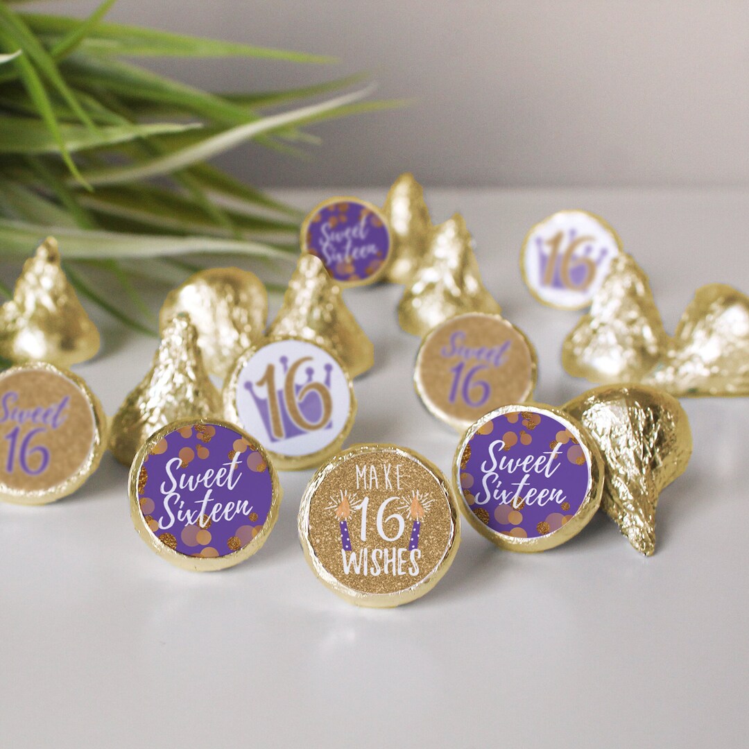 Sweet 16 Purple and Gold Birthday Party Favor for Chocolate Kisses ...