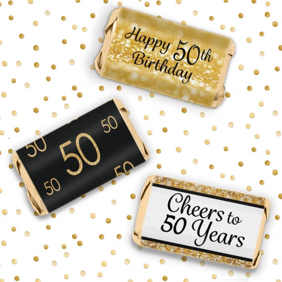50th Birthday Decorations - Black and Gold Birthday Party Favors - Candy Wrappers for Hershey Miniatures Bars - 54ct Stickers Il_570xn
