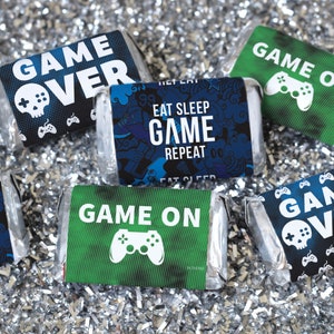 Video Game Birthday Party Mini Candy Bar Labels, Gamer Stickers for Miniatures, Game On Theme Decorations, Make 42 Level Up Party Favors