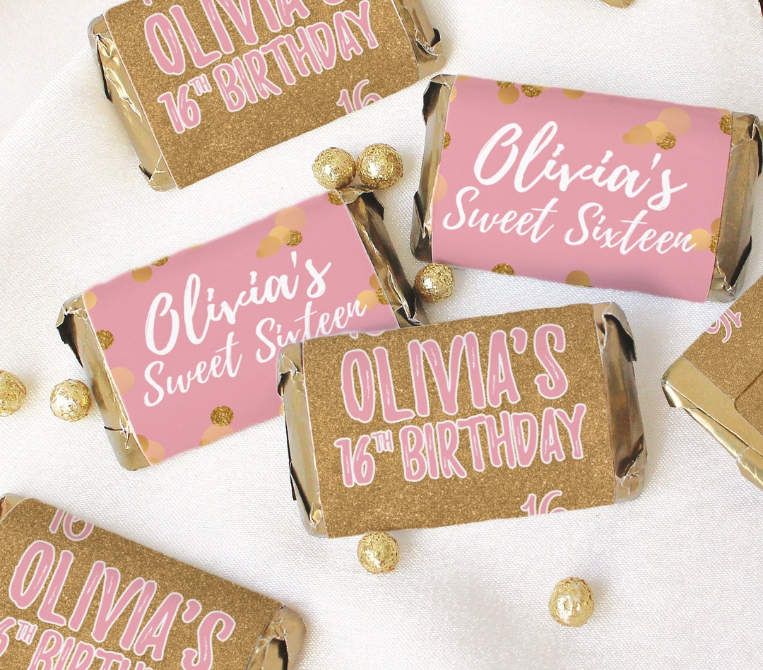 Personalized Pink and Gold Sweet 16 Party Favor Candy Wrappers for ...