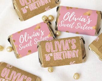 Personalized Pink and Gold Sweet 16 Party Favor Candy Wrappers for Miniature Chocolates | Sweet Sixteen Birthday Wrapper Label | 45 Stickers