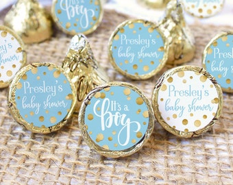 Personalized Blue and Gold Baby Shower Favor Stickers for Chocolate Kisses Candy | It's a Boy Baby Shower Decorations | 180ct Labels