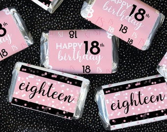 18th Birthday Party Favor Stickers - Pink and Black Mini Candy Bar Wrapper Labels 45ct - Adult Birthday Decorations and Supplies for Her