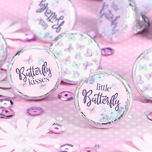 Butterfly Girl Baby Shower Chocolate Kiss Stickers, A Little Butterfly is on Her Way Decorations, Pink and Purple Favor Candy Labels, 180ct