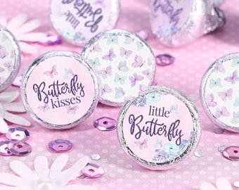 Butterfly Girl Baby Shower Chocolate Kiss Stickers, A Little Butterfly is on Her Way Decorations, Pink and Purple Favor Candy Labels, 180ct