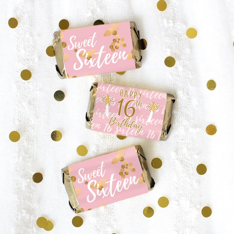 Sweet 16 Miniature Chocolate Bar Wrapper, 45ct Pink and Gold Sweet 16 Decorations 16th Birthday Gift Sweet 16 Party Favor Supplies image 5