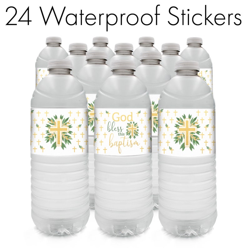 Baptism Water Bottle Labels Greenery Gold Cross Theme God Etsy
