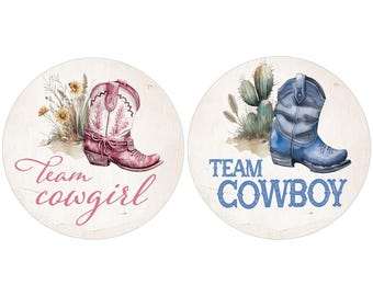 Pegatinas circulares para revelar el sexo del bebé con temática del Oeste, Equipo Vaquero o Vaquera, Etiquetas de votación rosas o azules, Botas de Yellowstone Montana, 40 unidades