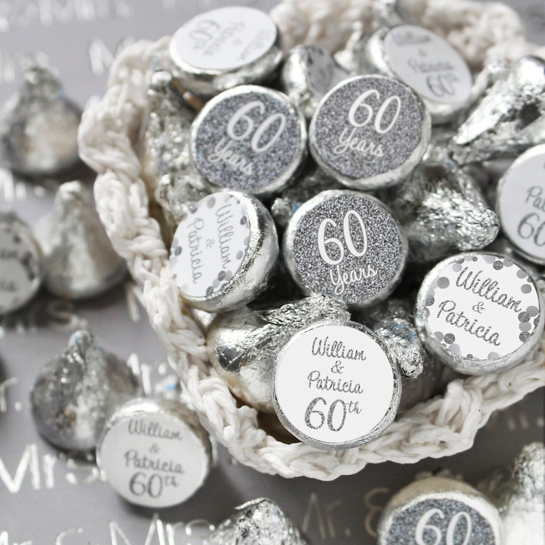 personalized 25th silver 60th 70th diamond wedding anniversary custom party favors labels sticker party table celebration decoration centerpiece married couples