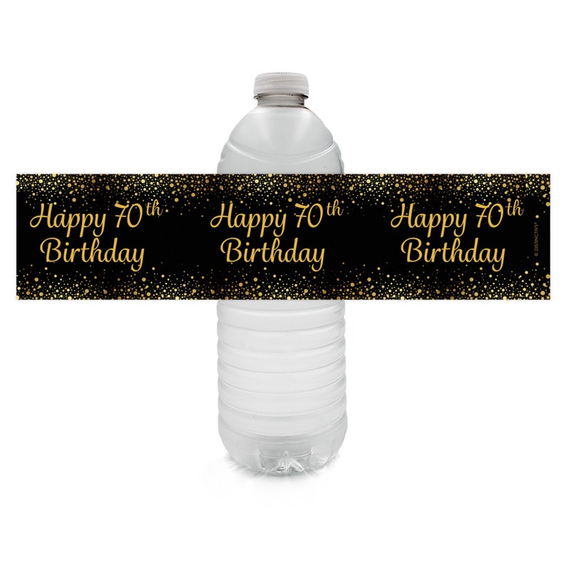 24ct Waterproof Stickers Water Bottle Labels Black and Gold Birthday Party Favors 70th Birthday Decorations