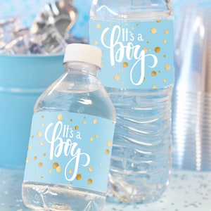 Boy Baby Shower Water Bottle Labels, 20ct Waterproof Stickers, Blue and Gold Baby Shower Table Decorations, Its a Boy Baby Shower Favors