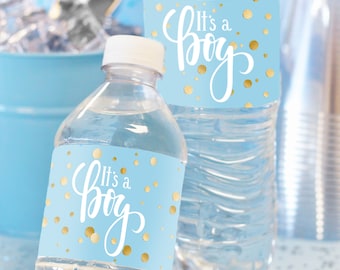 Boy Baby Shower Water Bottle Labels, 20ct Waterproof Stickers, Blue and Gold Baby Shower Table Decorations, Its a Boy Baby Shower Favors