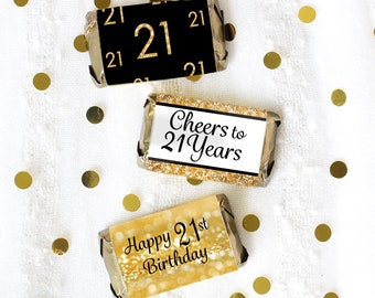 21st Birthday Candy Wrappers for Miniature Chocolate Bars, 45ct Stickers - 21st Birthday Decorations - Black and Gold Birthday Party Favors