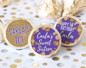 Personalized Sweet 16 Party Favor Stickers for Chocolate Kisses Purple and Gold | 16th Girl Birthday Name Labels for Candy Envelope Seals