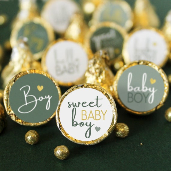 Green and Gold Baby Shower Party Favor Stickers, Sweet Baby Boy