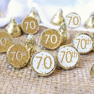 White and Gold 70th Birthday Chocolate Kisses Stickers Party Favor Label, Bulk 70th Candy Favors DIY, Women Men Mom, 180 Count