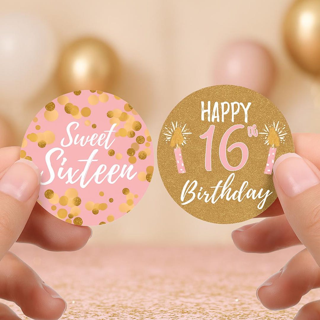 Pink and Gold Sweet 16 Party Favor Stickers, Happy 16th Birthday Party ...