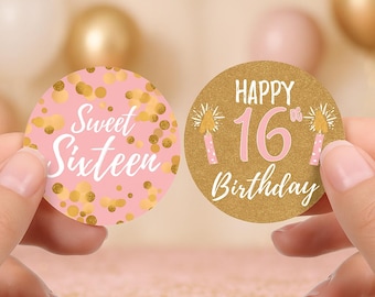 Pink and Gold Sweet 16 Party Favor Stickers, Happy 16th Birthday Party Favor Bag Labels, Envelope Seals, Pink Sweet Sixteen, 40 Labels