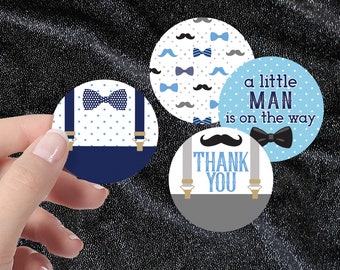 Little Man Boy Baby Shower Thank You Labels, Blue Stickers for Envelope Seals and Favor Bags, Baby Boy On The Way Decor, 40 Favor Stickers