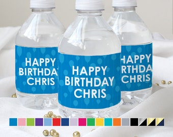 Personalized Happy Birthday Water Bottle Labels with Name - Custom Waterproof Favor Wrappers for Him or Her in 18 Colors - 24 Stickers