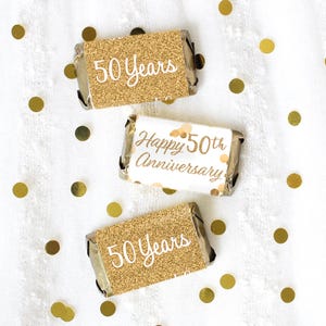 50th Anniversary Mini Chocolate Candy Bar Wrappers, Golden Wedding Anniversary Party Favor Stickers for Miniatures, 42 Labels
