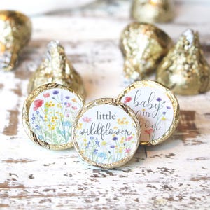 Wildflower Girl Baby Shower Chocolate Kiss Stickers, Baby in Bloom Little Wildflower Party Favor Labels, Bulk Candy Favor, 180 Count