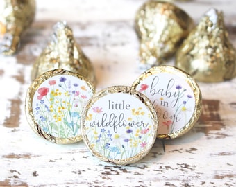 Wildflower Girl Baby Shower Chocolate Kiss Stickers, Baby in Bloom Little Wildflower Party Favor Labels, Bulk Candy Favor, 180 Count