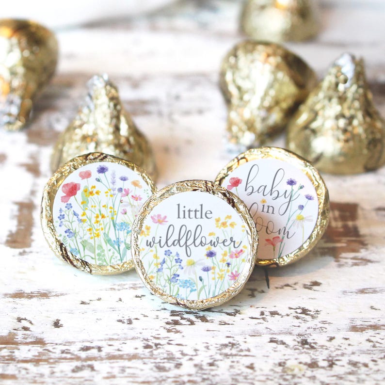 Wildflower baby shower chocolate kiss stickers 180 count, Baby in Bloom little wildflower design, 0.75 inch round favor labels