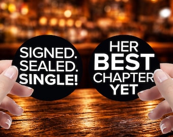 Signed Sealed Single Divorce Party Round Stickers – 40 Black & White Favor Labels and Envelope Seals, 1.75 Inch
