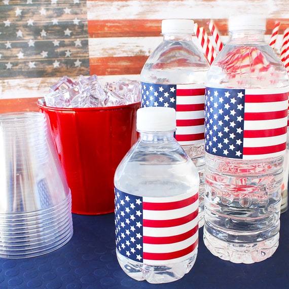 American Flag Themed Water Bottle Labels for Veterans Day | Red White