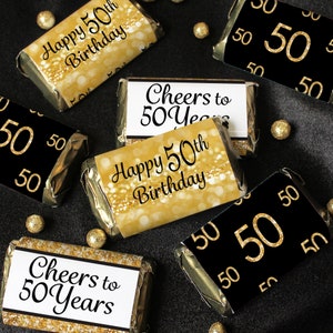 50th Birthday Black and Gold Candy Wrappers for Miniature Chocolate Bars Party Favors, Happy 50 Birthday Candy Sticker Labels