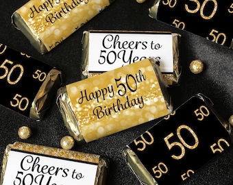 50th Birthday Black and Gold Candy Wrappers for Miniature Chocolate Bars Party Favors | Happy 50 Birthday Candy Sticker Labels