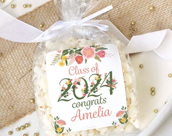 Personalized Floral Graduation Popcorn Party Favor Label | Chip Bag Stickers, Snack Bag Labels, Class of 2024 Grad Party, Add Name and Year