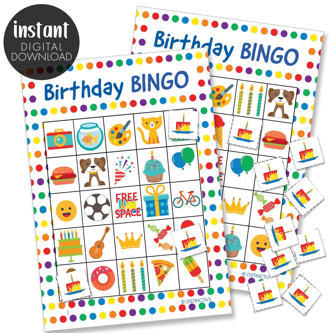 Kids Printable Bingo Birthday Theme Digital Instant Download, Bingo