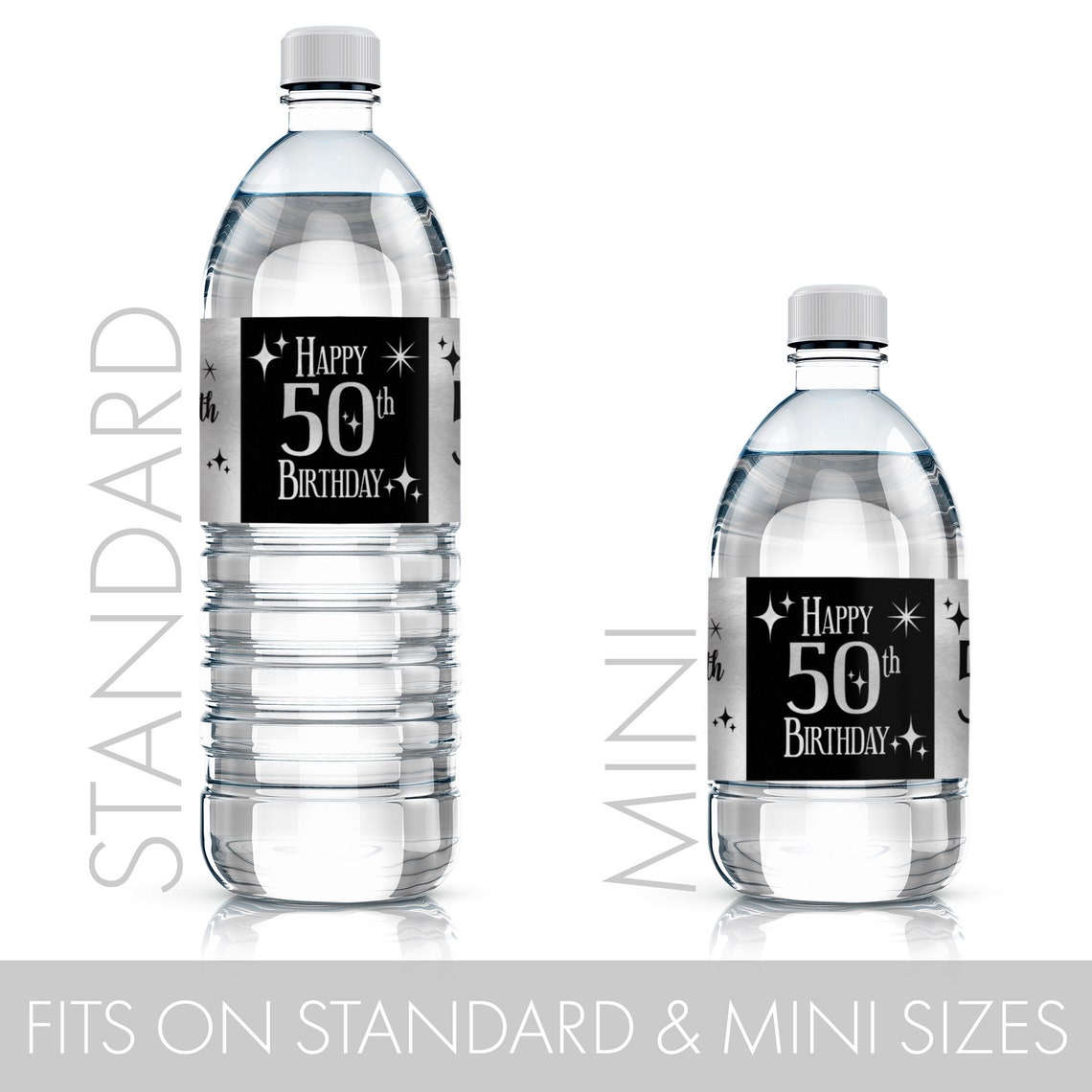 50th Birthday Party Water Bottle Labels Black and Silver - Etsy