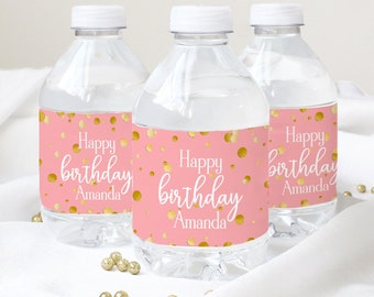 Personalized Pink & Gold Happy Birthday Personalized Waterproof Water Bottle Labels | Birthday Table Decorations and Refreshments