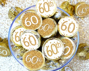 60th Birthday Decorations - White and Gold 60th Birthday Party Favors for Him or Her - Party Stickers for Chocolate Kisses - 180 Labels